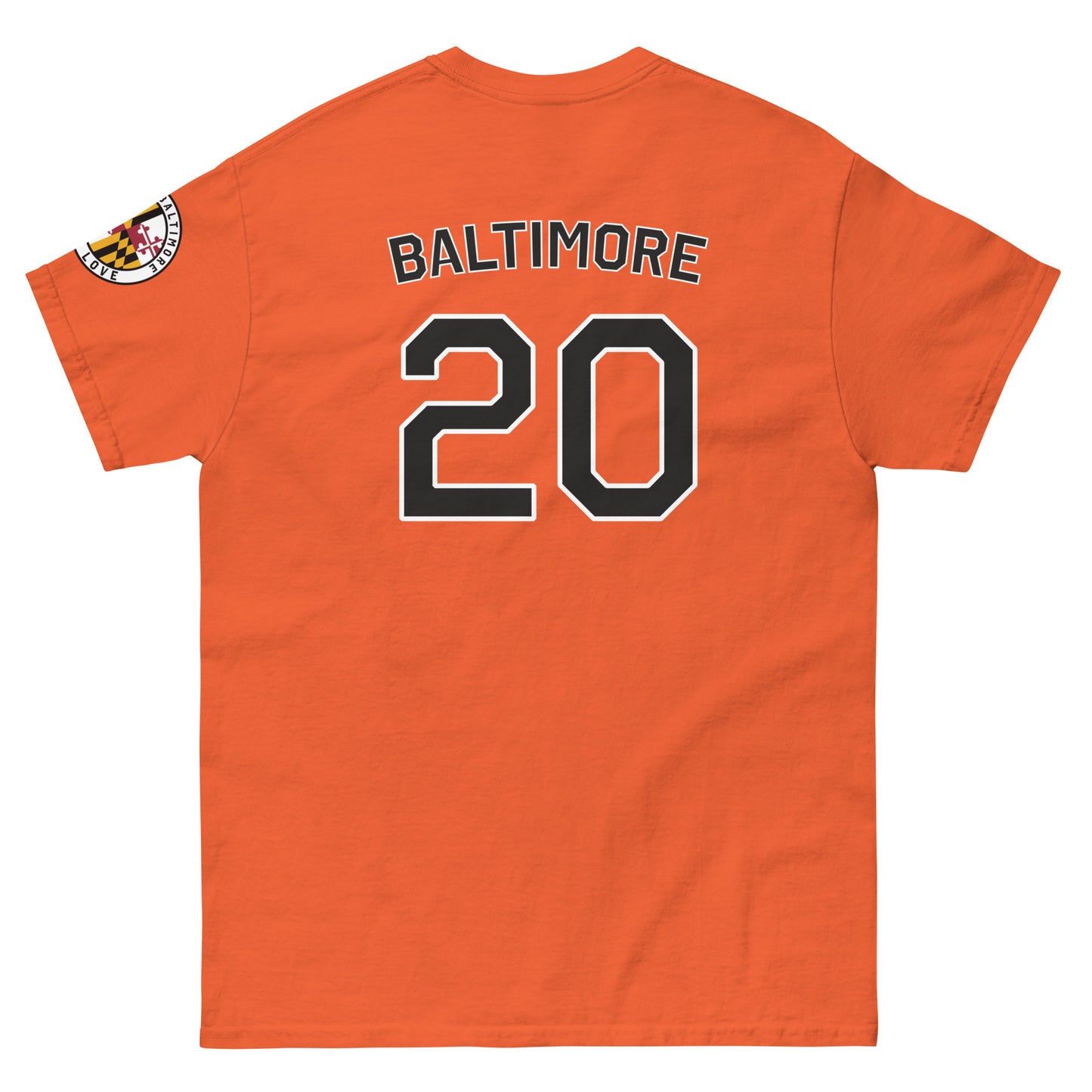Unisex orange O's Fan T-shirt by From Baltimore With Love™ with back graphic, casual cotton crewneck tee for fans.