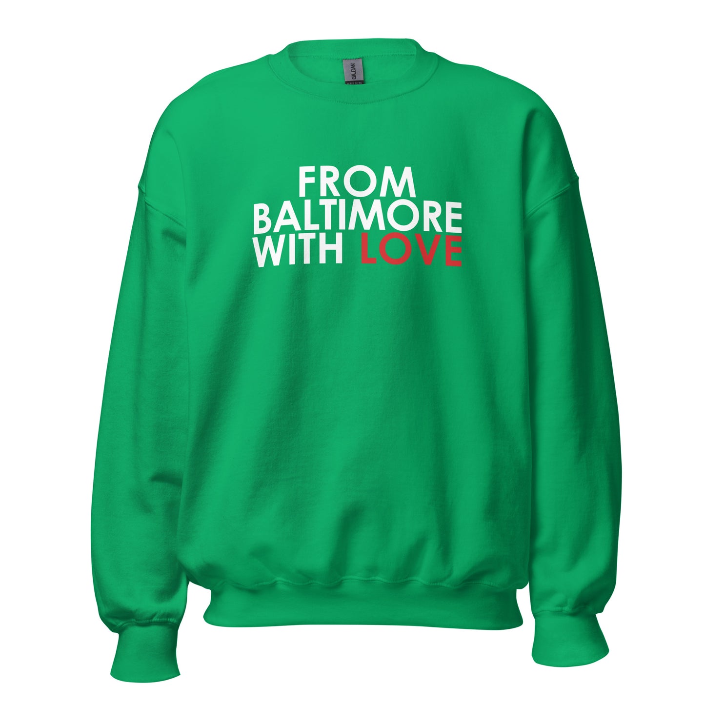 Forest green crewneck sweater from Baltimore With Love™ featuring a red love design on the front.