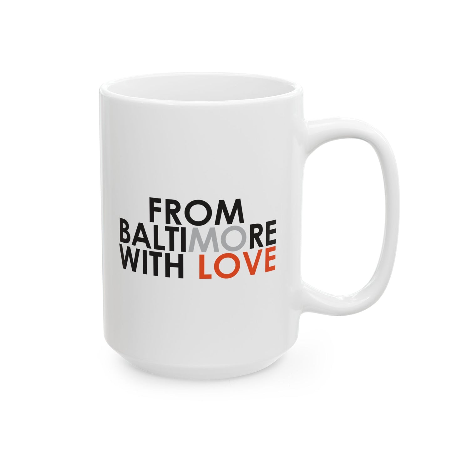 Printify MO Love ceramic mug in 11oz and 15oz sizes, featuring a white mug with a colorful MO Love design.