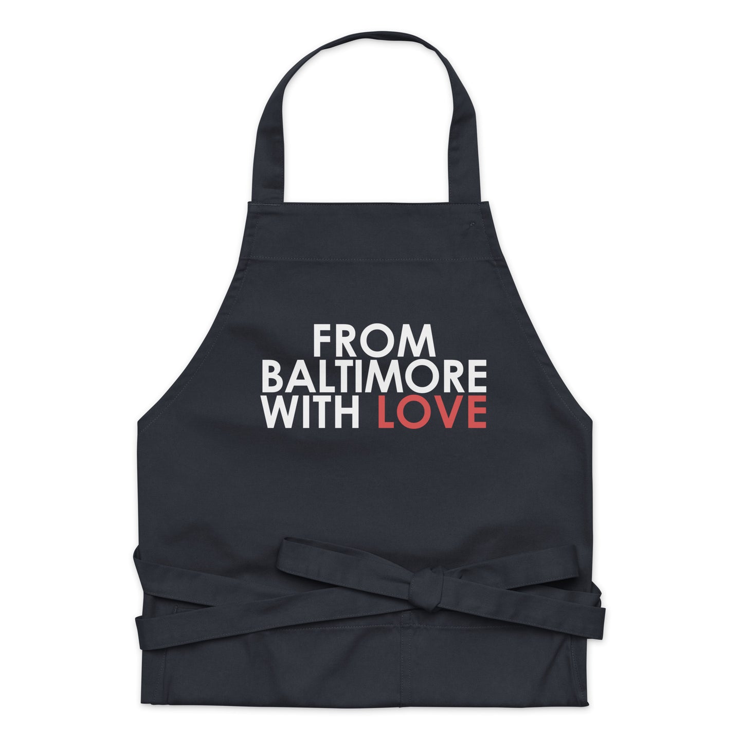 Red cotton apron from Baltimore With Love™ featuring classic design, perfect for cooking or baking.