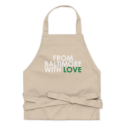 Green cotton apron from From Baltimore With Love™ featuring a classic design and adjustable neck strap.