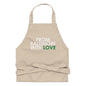 Green cotton apron from From Baltimore With Love™ featuring a classic design and adjustable neck strap.