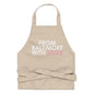 Pink cotton apron by From Baltimore With Love™ with adjustable neck strap and front pocket, perfect for cooking or baking.