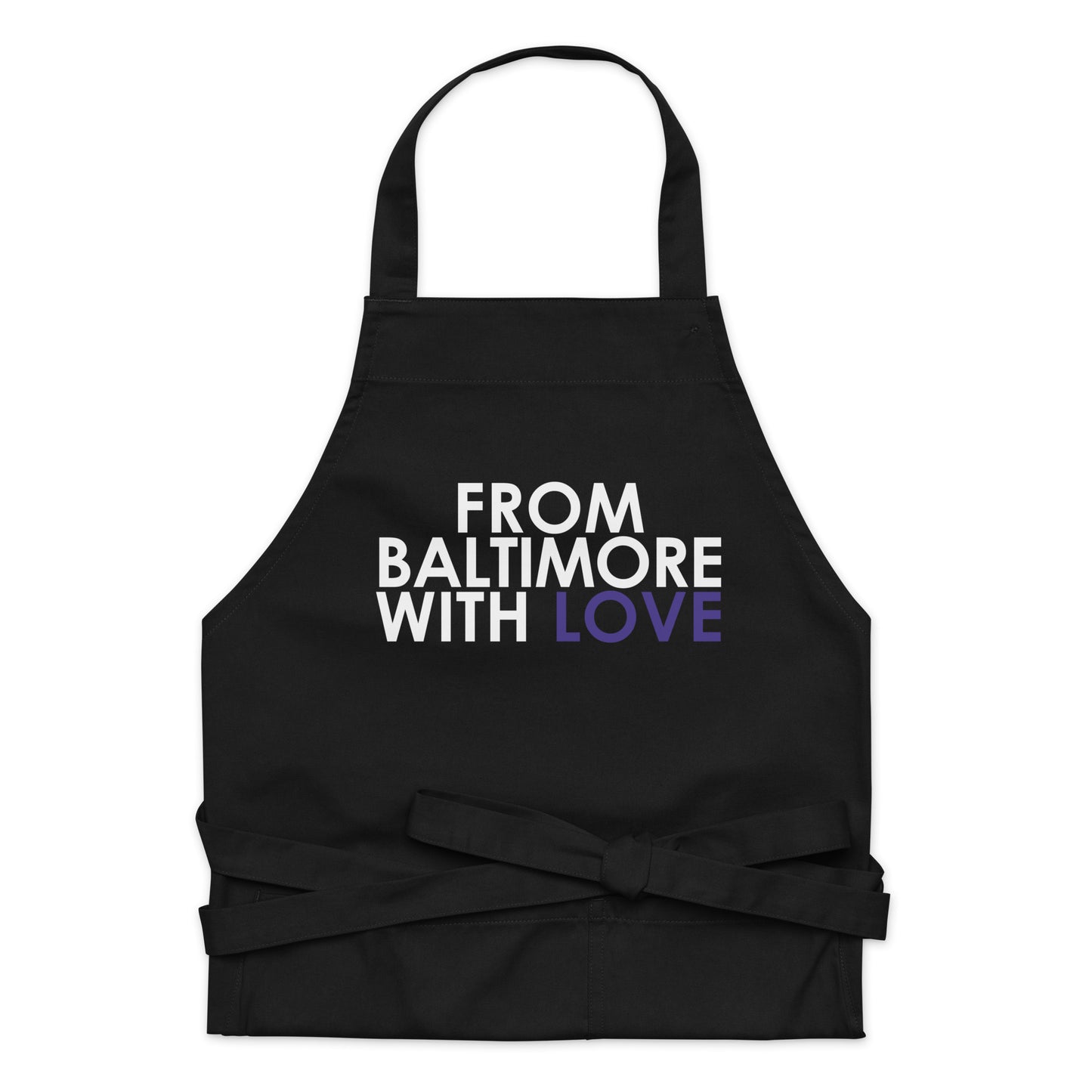 Purple cotton apron by From Baltimore With Love™ with adjustable neck strap and front pockets, ideal for cooking or crafting.