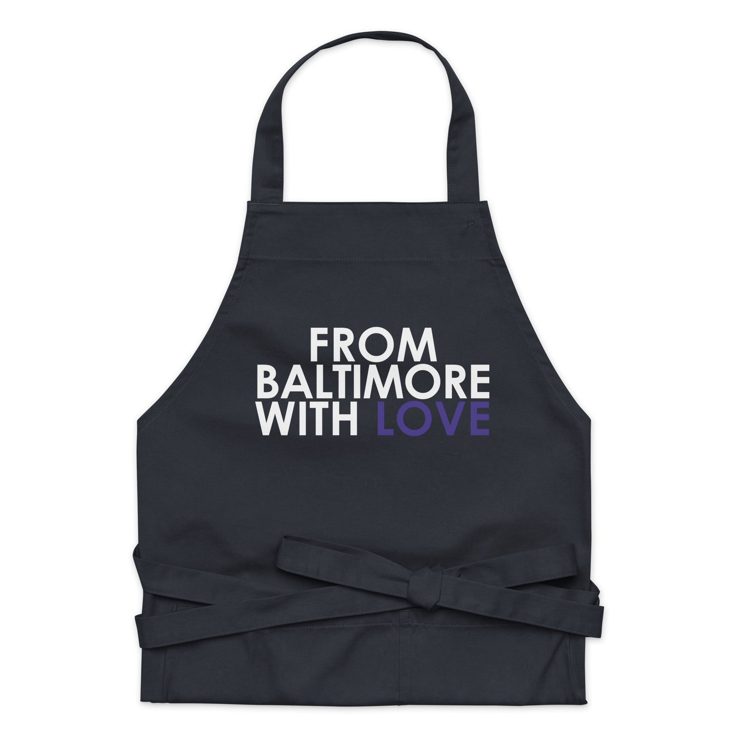 Purple cotton apron from From Baltimore With Love™ featuring the FBWL logo, designed for cooking or crafting activities.
