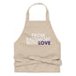 Purple cotton apron from From Baltimore With Love™ with adjustable neck strap and front pockets for cooking or baking.
