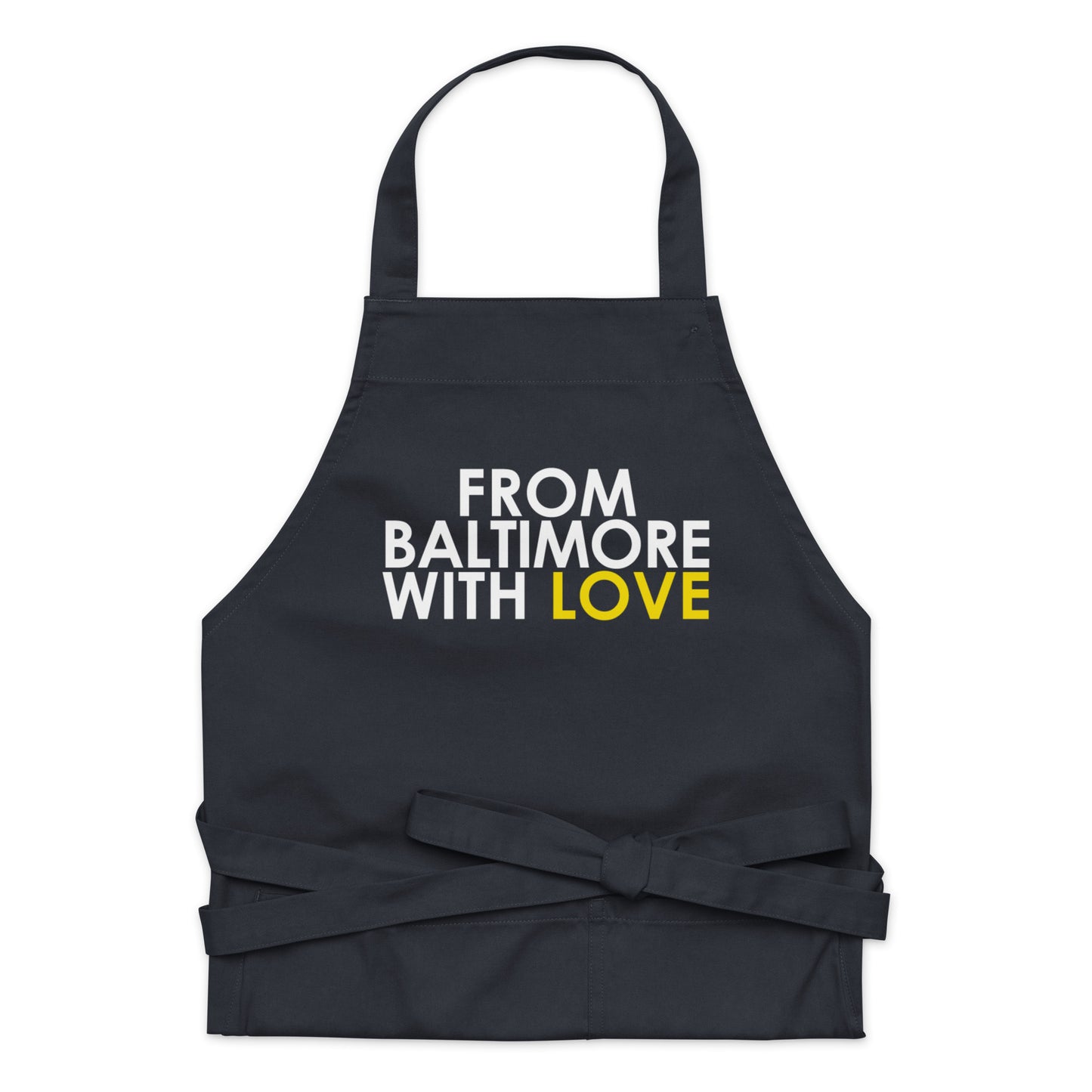 Yellow cotton apron from From Baltimore With Love™ featuring black text and adjustable neck strap, ideal for cooking or crafting.