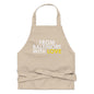 Yellow cotton apron from From Baltimore With Love™ featuring black straps and a practical design for cooking or baking.