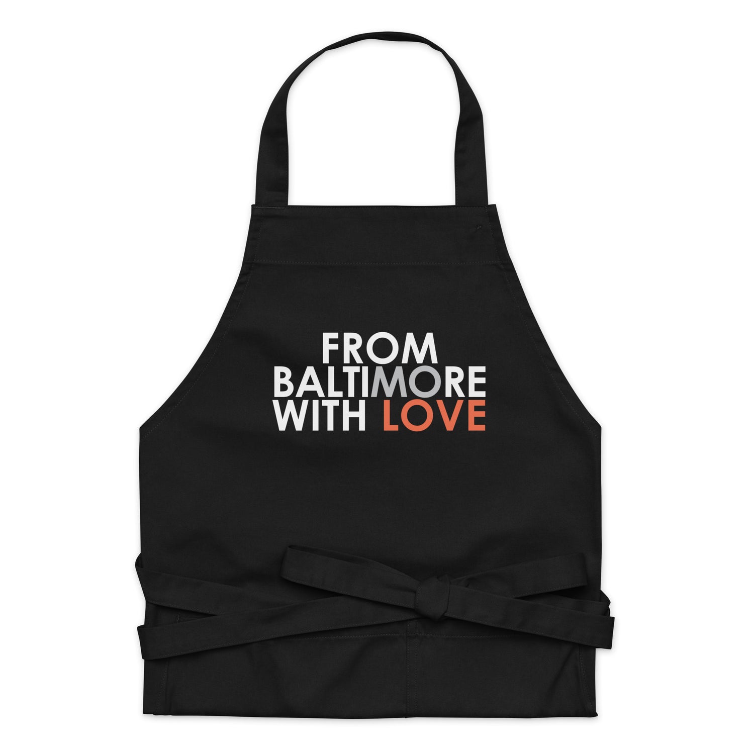 Black FBWL MO Love organic cotton apron by From Baltimore With Love™, featuring adjustable straps and a front pocket.