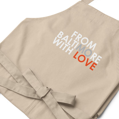 Black FBWL MO Love organic cotton apron by From Baltimore With Love™, featuring a comfortable fit and stylish design.