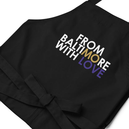 Black FBWL MO Love organic cotton apron by From Baltimore With Love™, featuring a durable cotton fabric and adjustable neck strap.