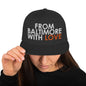 Black and orange Baltimore-inspired snapback hat from From Baltimore With Love™ featuring a classic adjustable design.