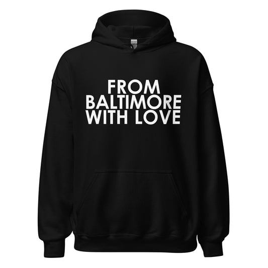 Black and white Love Hoodie from Baltimore With Love™, featuring a solid color design and comfortable fit.