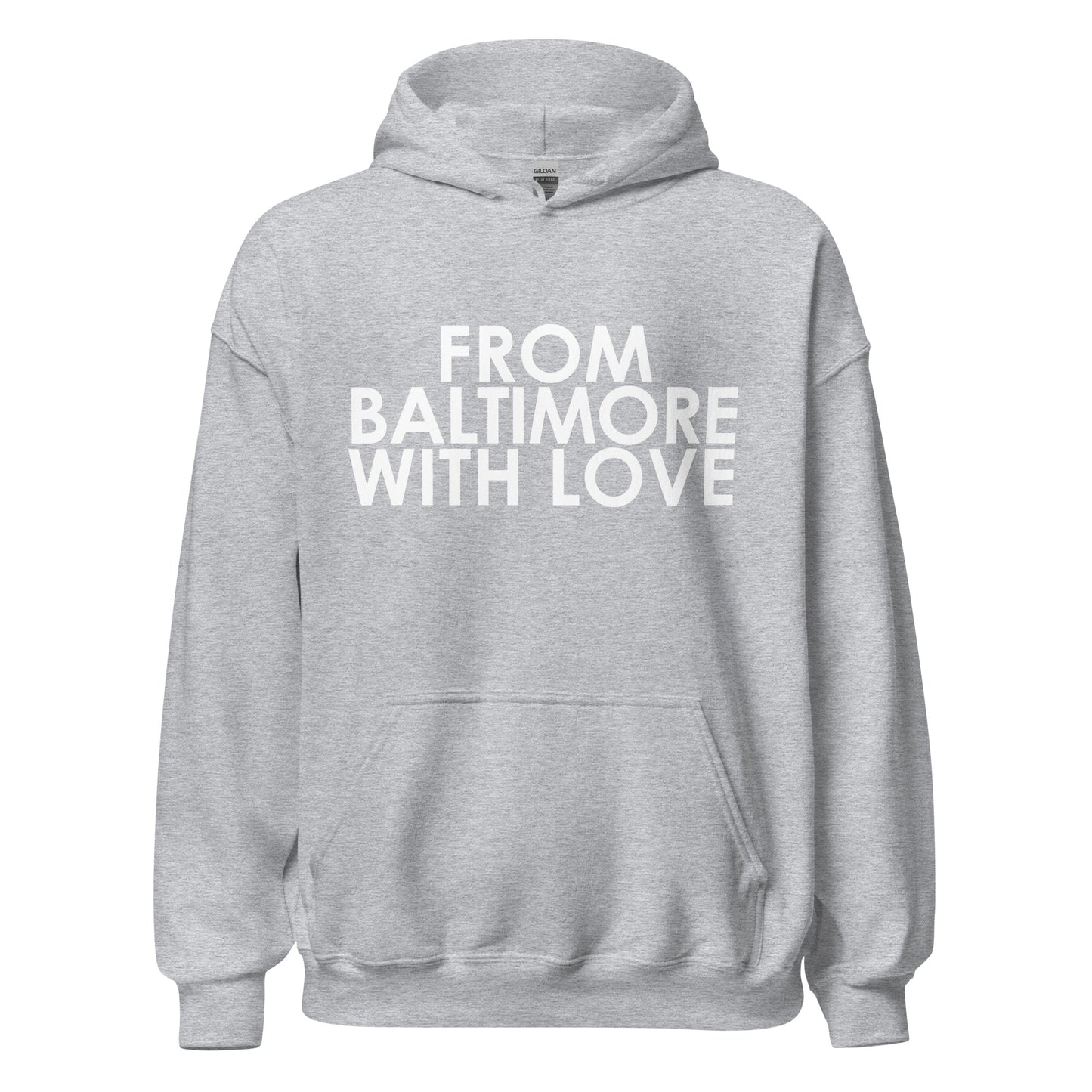 Black and white Love Hoodie from Baltimore With Love™ featuring a solid color design and casual fit.