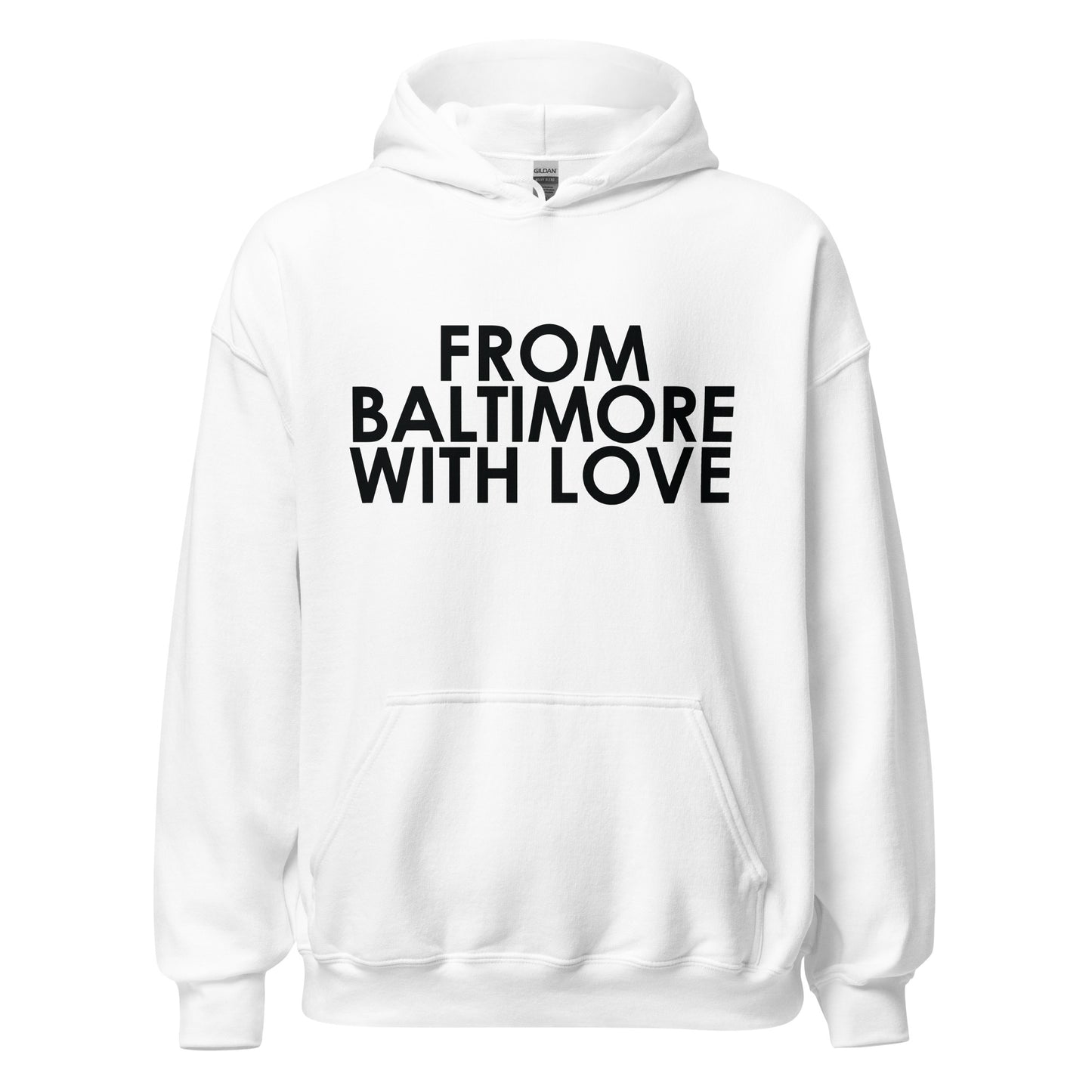 Black and white love hoodie by From Baltimore With Love™ featuring a solid design and casual style.