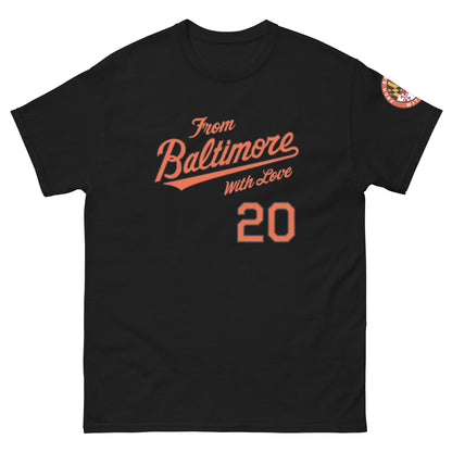 Black O's Fan T-shirt by From Baltimore With Love™ featuring a bold S.O.S graphic on the front.
