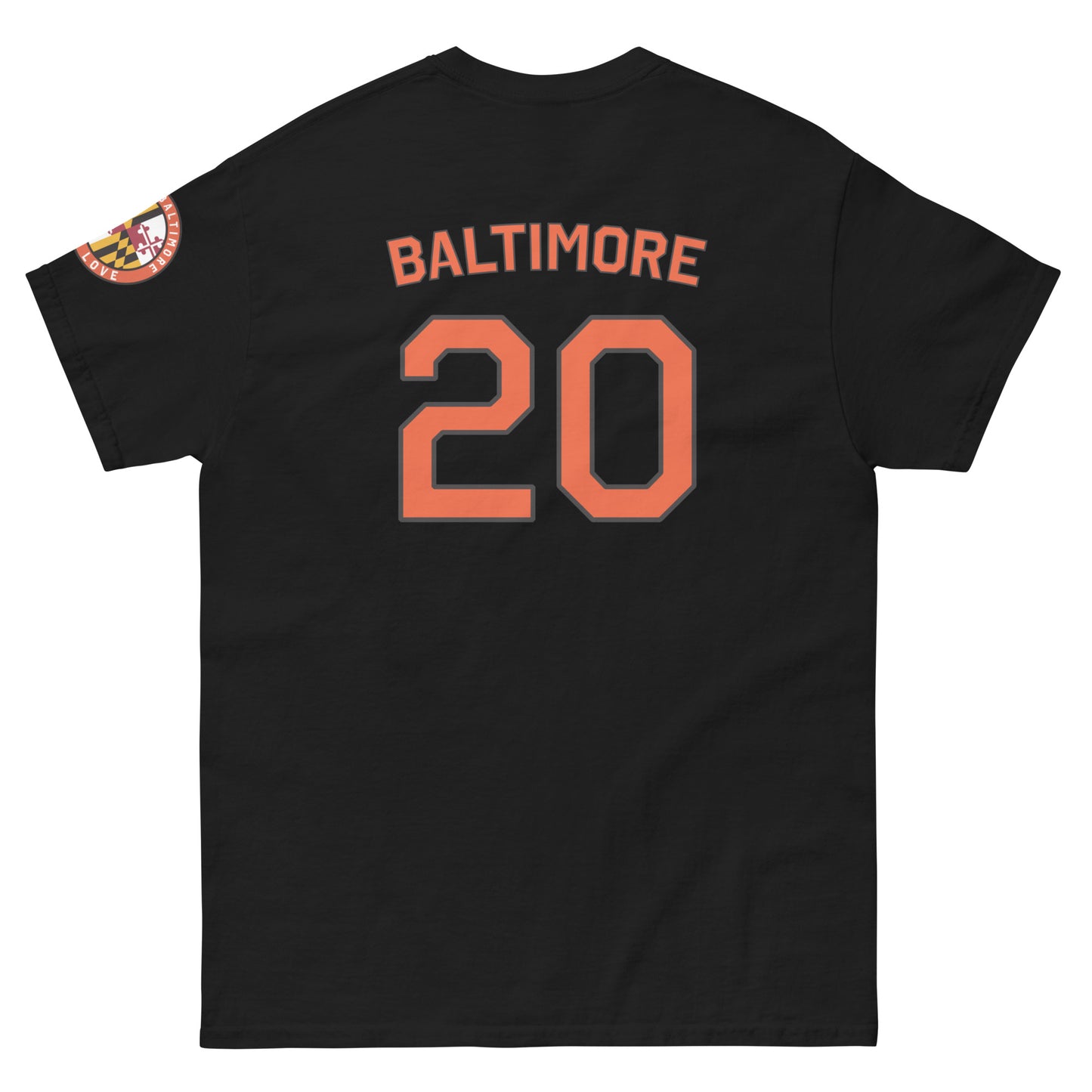 Black unisex O's Fan T-shirt from From Baltimore With Love™ featuring a classic design and a visible back print.