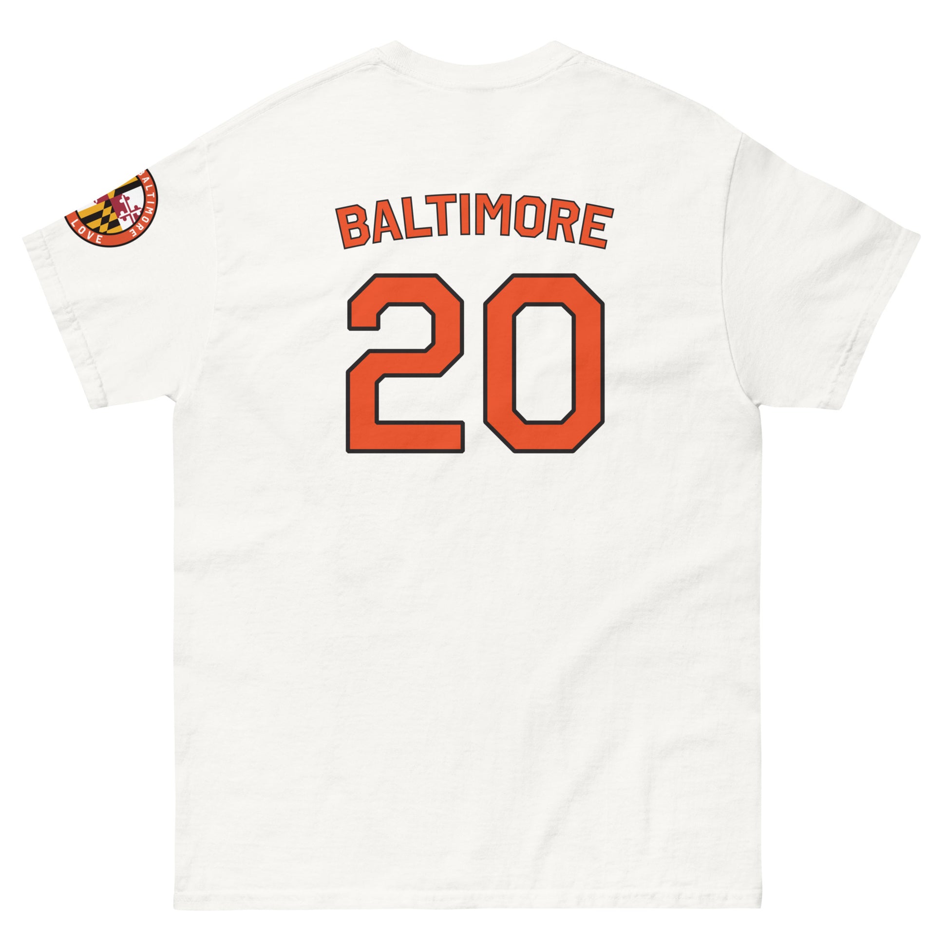 White O's Fan T-shirt by From Baltimore With Love™ featuring a classic unisex design with a colorful logo on the back.
