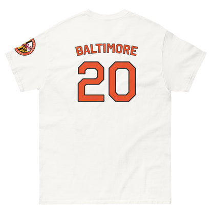 White O's Fan T-shirt by From Baltimore With Love™ featuring a classic unisex design with a colorful logo on the back.