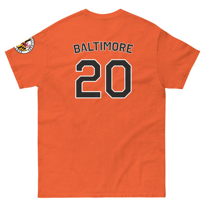 Unisex orange O's Fan T-shirt by From Baltimore With Love™ with back graphic, casual cotton crewneck tee for fans.