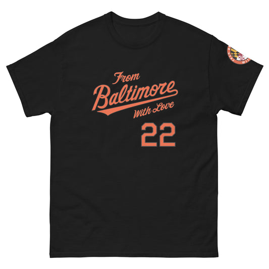 Black O's Fan T-shirt from Baltimore With Love™ featuring the Orioles logo and sports-themed design.