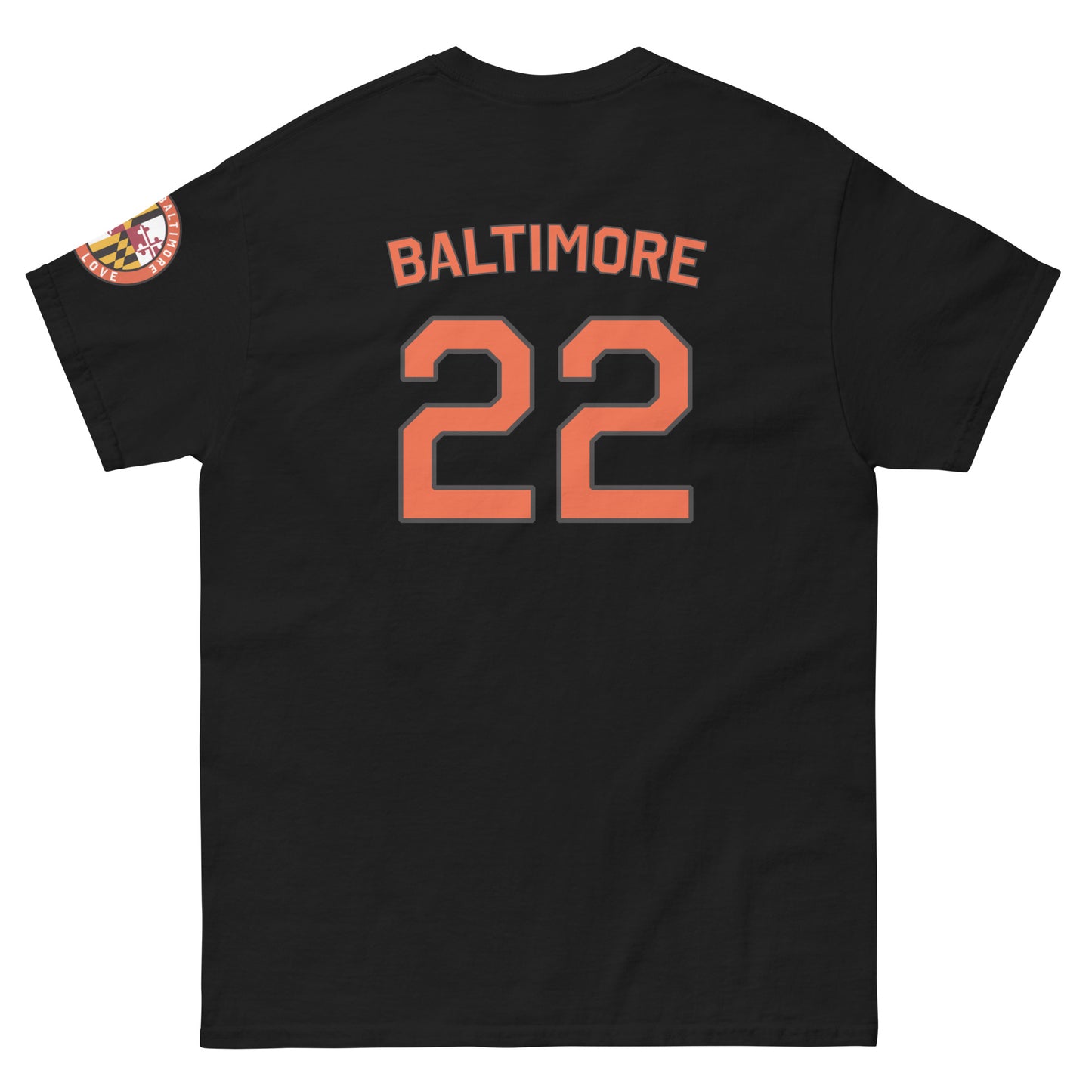 Black O's Fan T-shirt by From Baltimore With Love™ featuring a bold Baltimore Orioles design on the front.