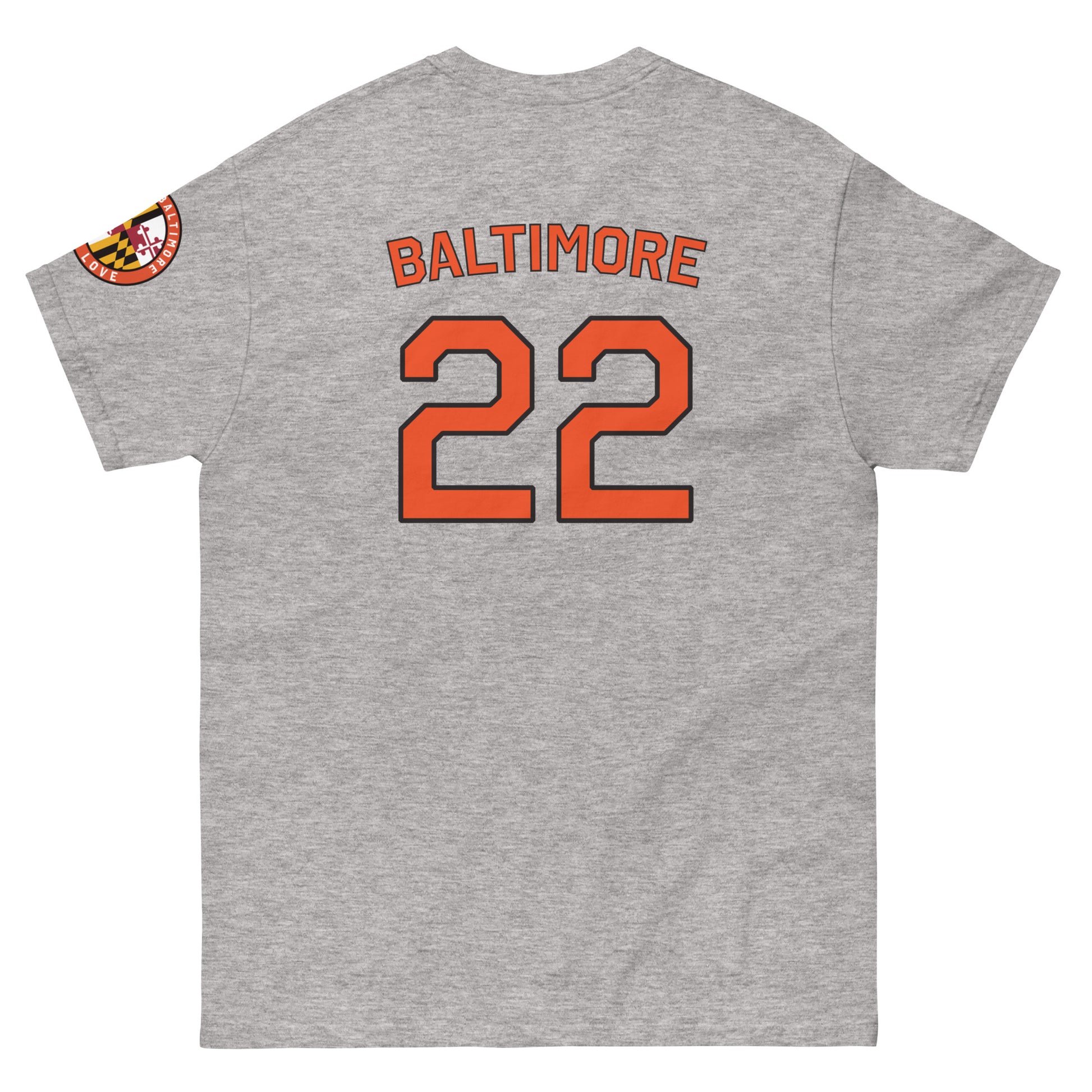 Unisex O's Fan T-shirt from From Baltimore With Love™ in sport grey, showing the back design of the classic tee.