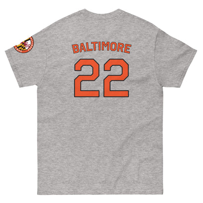 Unisex O's Fan T-shirt from From Baltimore With Love™ in sport grey, showing the back design of the classic tee.