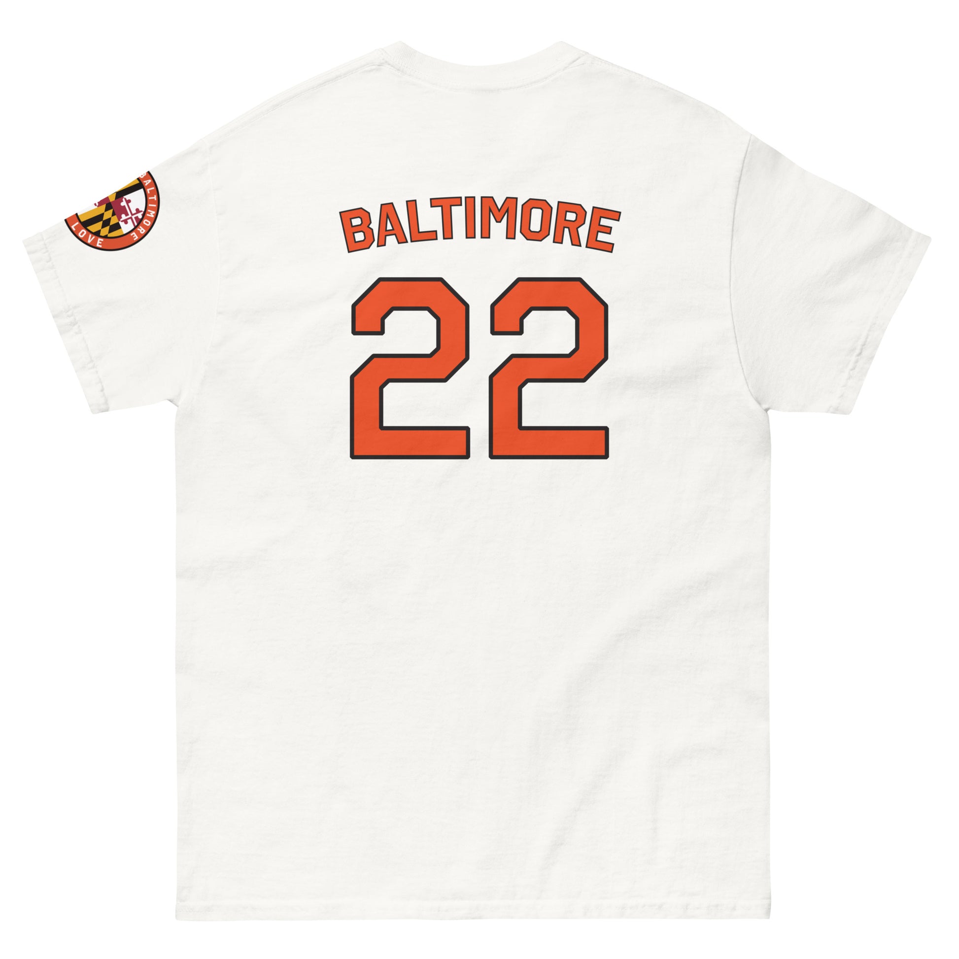 White unisex O's Fan T-shirt from From Baltimore With Love™ featuring a classic design on the back.