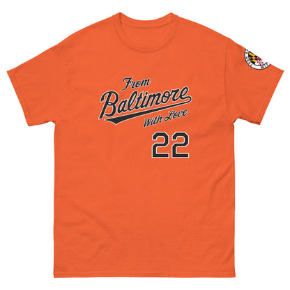Black O's Fan T-shirt by From Baltimore With Love™ featuring bold graphics and comfortable fit, perfect for Orioles fans.