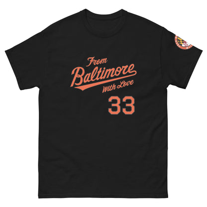 Black O's Fan T-shirt from Baltimore With Love™ featuring team logo and design, casual short-sleeve style.
