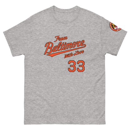 Black O's Fan T-shirt from Baltimore With Love™ featuring a bold S.O.S graphic on the front.