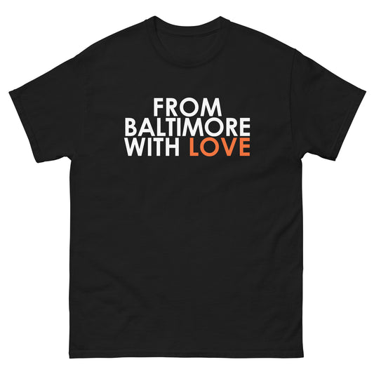 Black men's ORANGE LOVE SS T-shirt from From Baltimore With Love™ featuring a bold orange love graphic on the front.