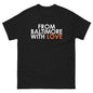 Black men's ORANGE LOVE SS T-shirt from From Baltimore With Love™ featuring a bold orange love graphic on the front.