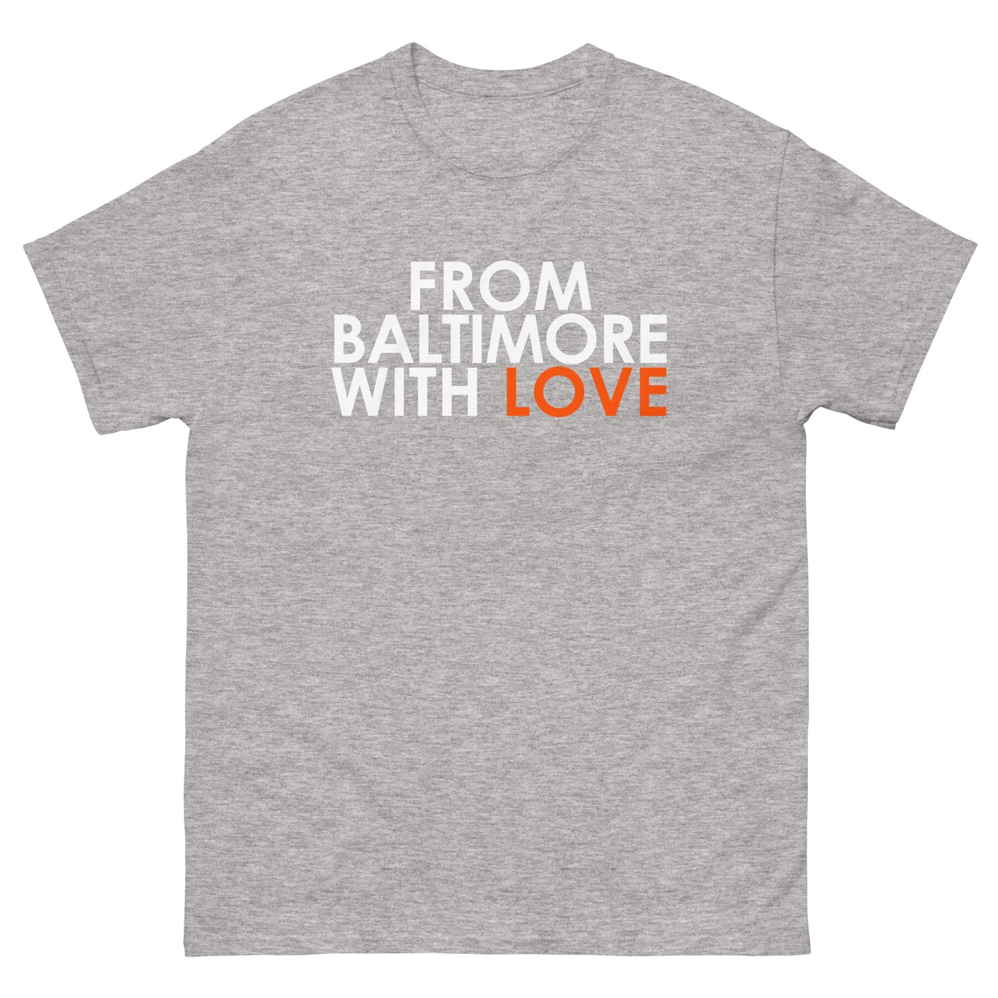 Black short-sleeve T-shirt from Baltimore With Love™ featuring orange love graphic design.
