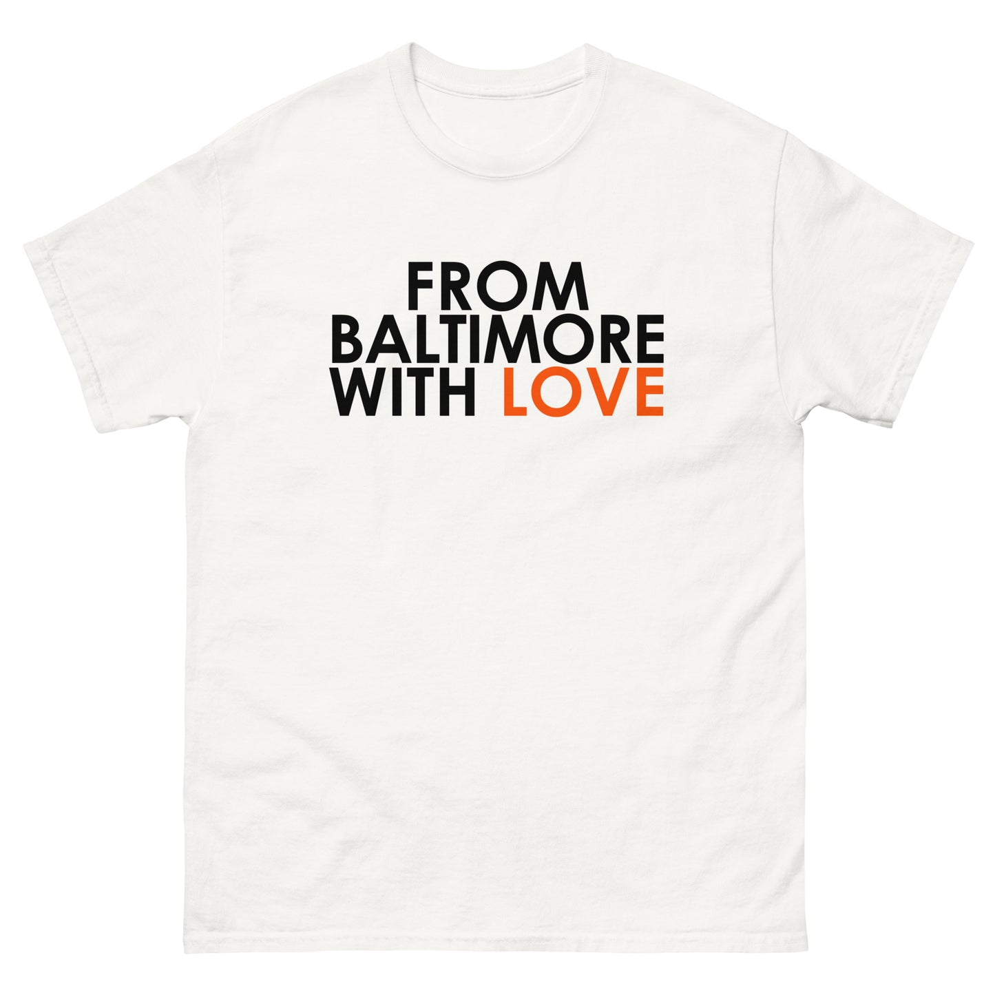Black short-sleeve T-shirt from Baltimore With Love featuring orange love graphic on the front.