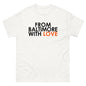 Black short-sleeve T-shirt from Baltimore With Love featuring orange love graphic on the front.