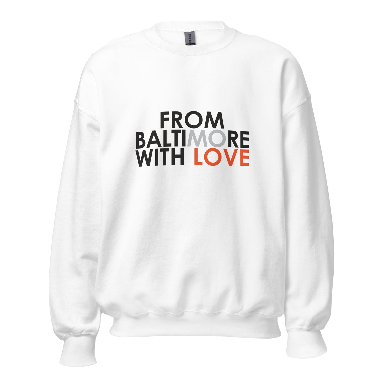 Black Orioles crewneck sweatshirt by From Baltimore With Love™ shown from the front, featuring the team's logo and design.