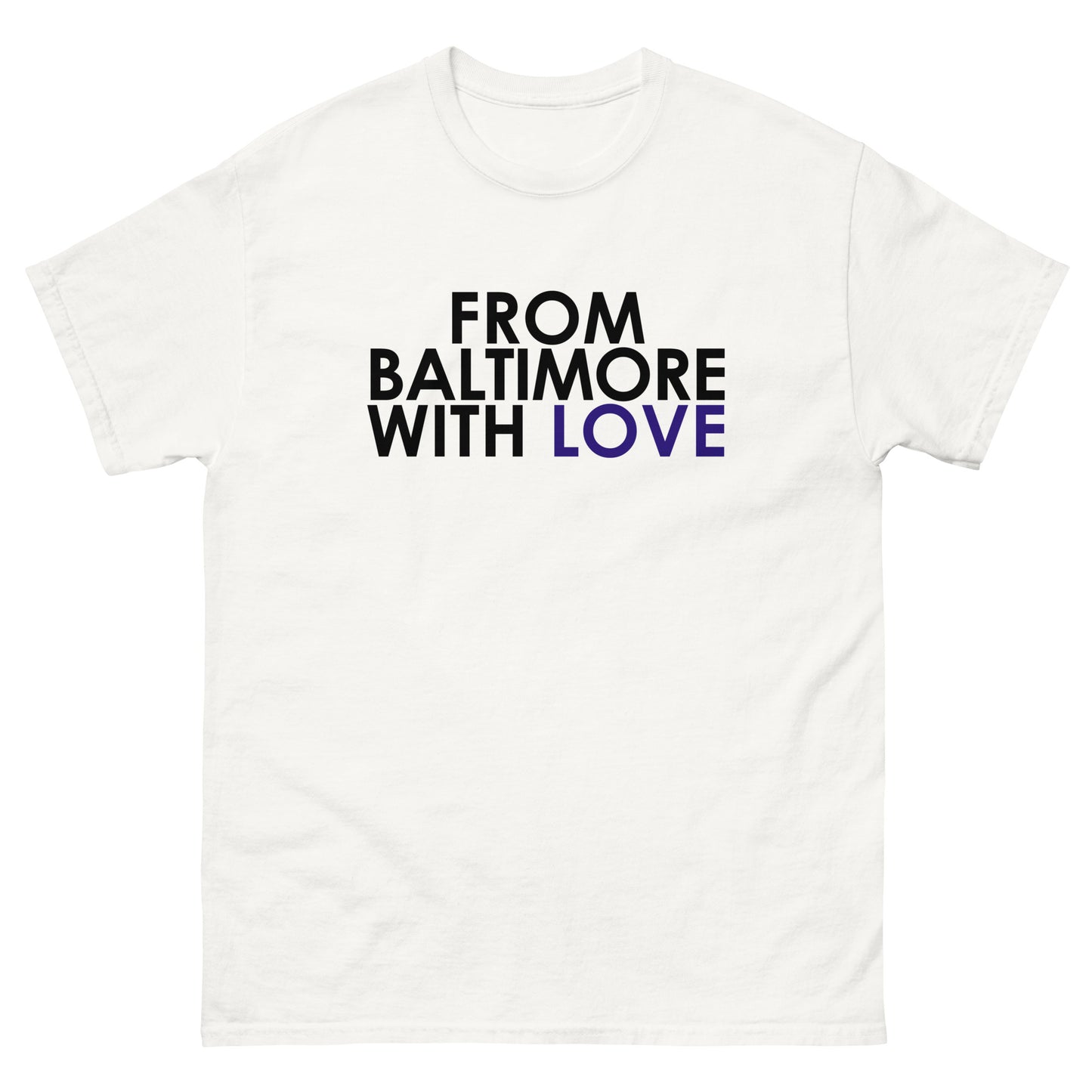 Black purple love short sleeve T-shirt from Baltimore With Love™ featuring a stylish graphic design.