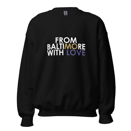 Black Ravens crewneck sweatshirt from From Baltimore With Love™ featuring team logo and Baltimore Ravens branding.