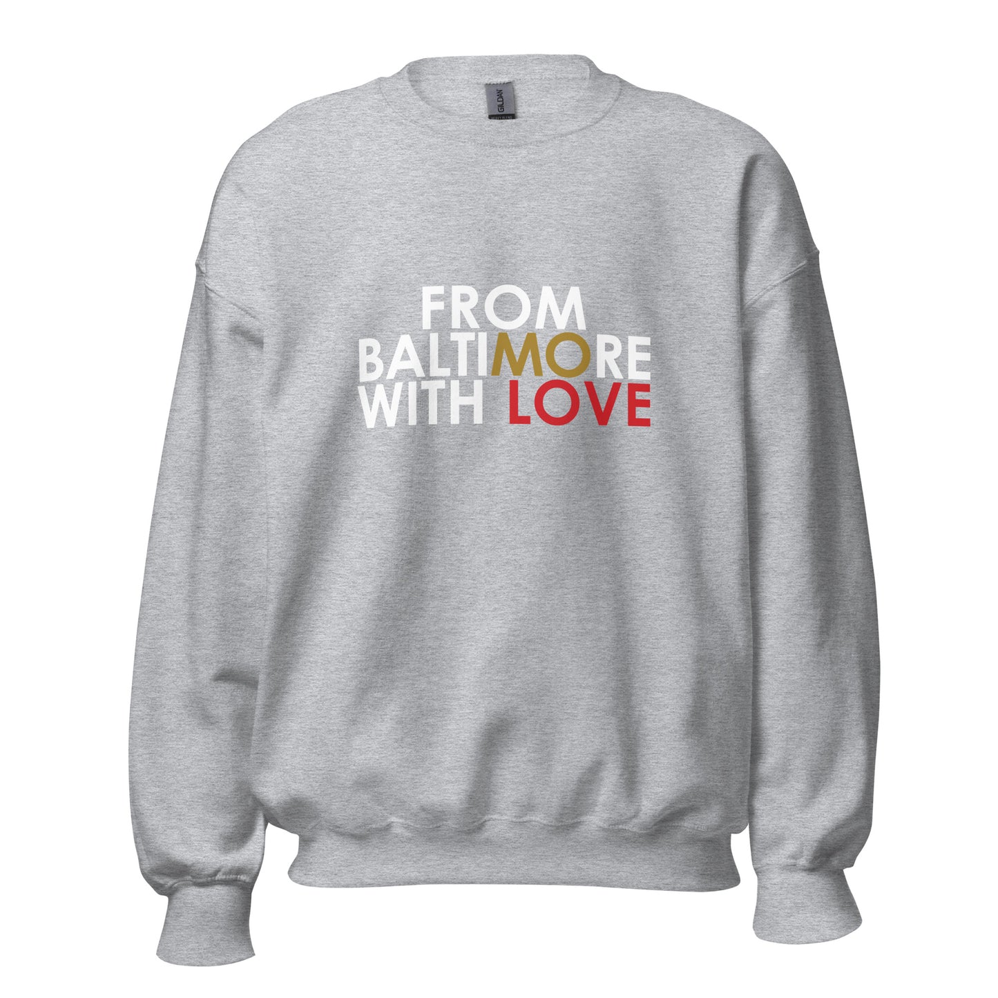 Black Ravens crewneck sweatshirt by From Baltimore With Love™ featuring Ravens logo and team graphics on the front.