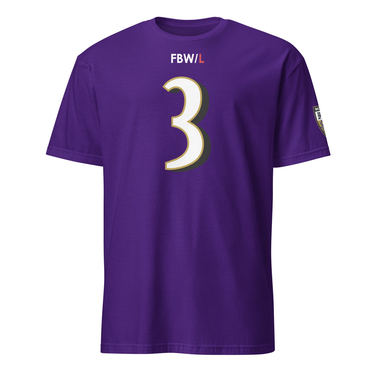 Purple Ravens Fan Favorite unisex soft-style T-shirt from From Baltimore With Love™ featuring Ravens logo on front.