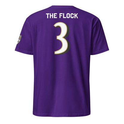 Purple Ravens Fan Favorite unisex basic soft-style T-shirt by From Baltimore With Love™ displayed from the back.