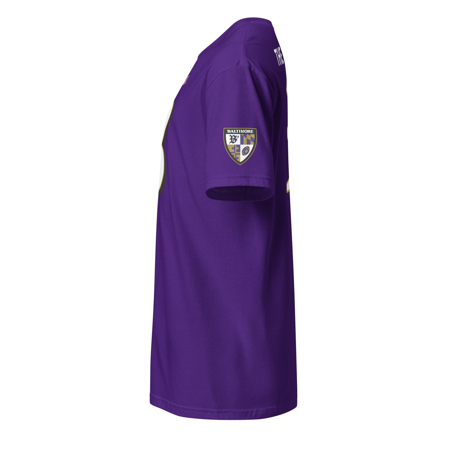 Unisex Ravens Fan Favorite T-shirt in purple with Baltimore From Love branding, soft cotton fabric, front view.