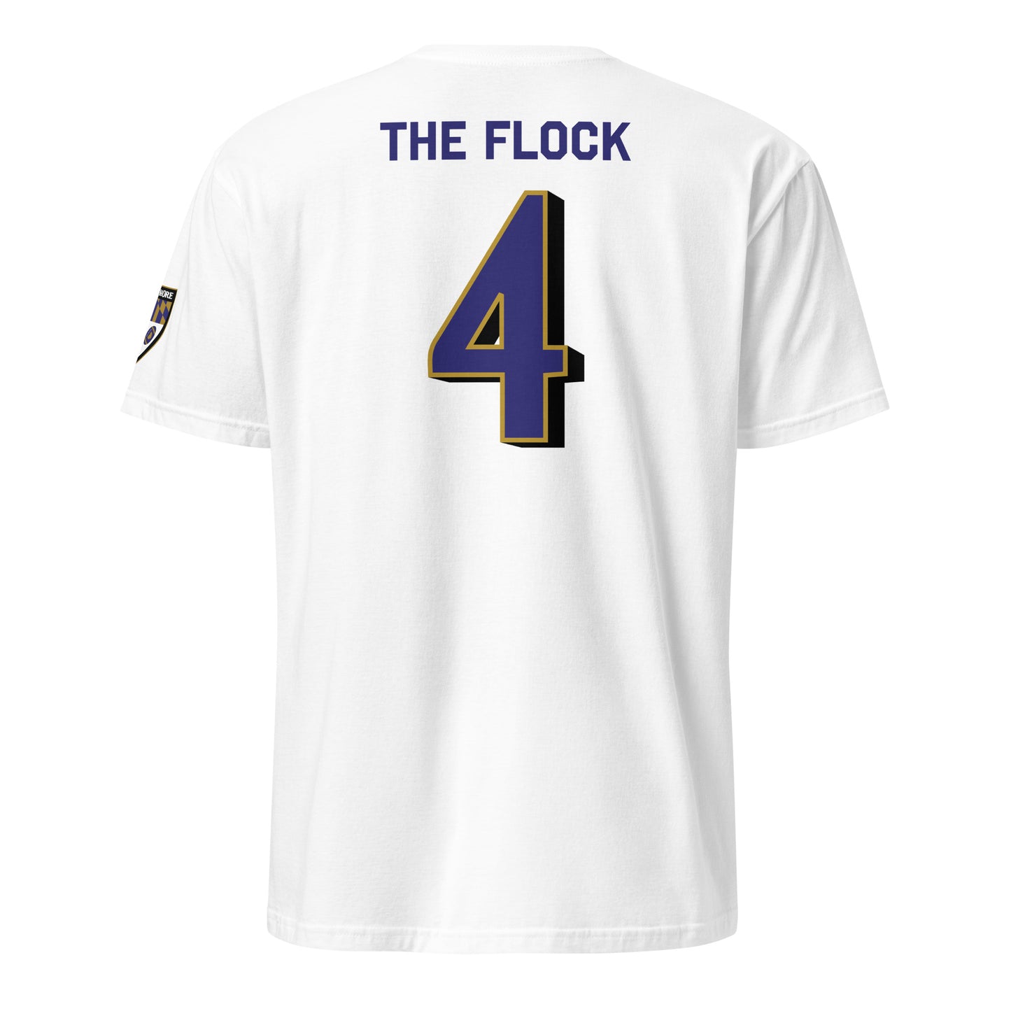 White unisex softstyle T-shirt featuring Ravens Fan Favorite design, from Baltimore With Love™, shown from the back.