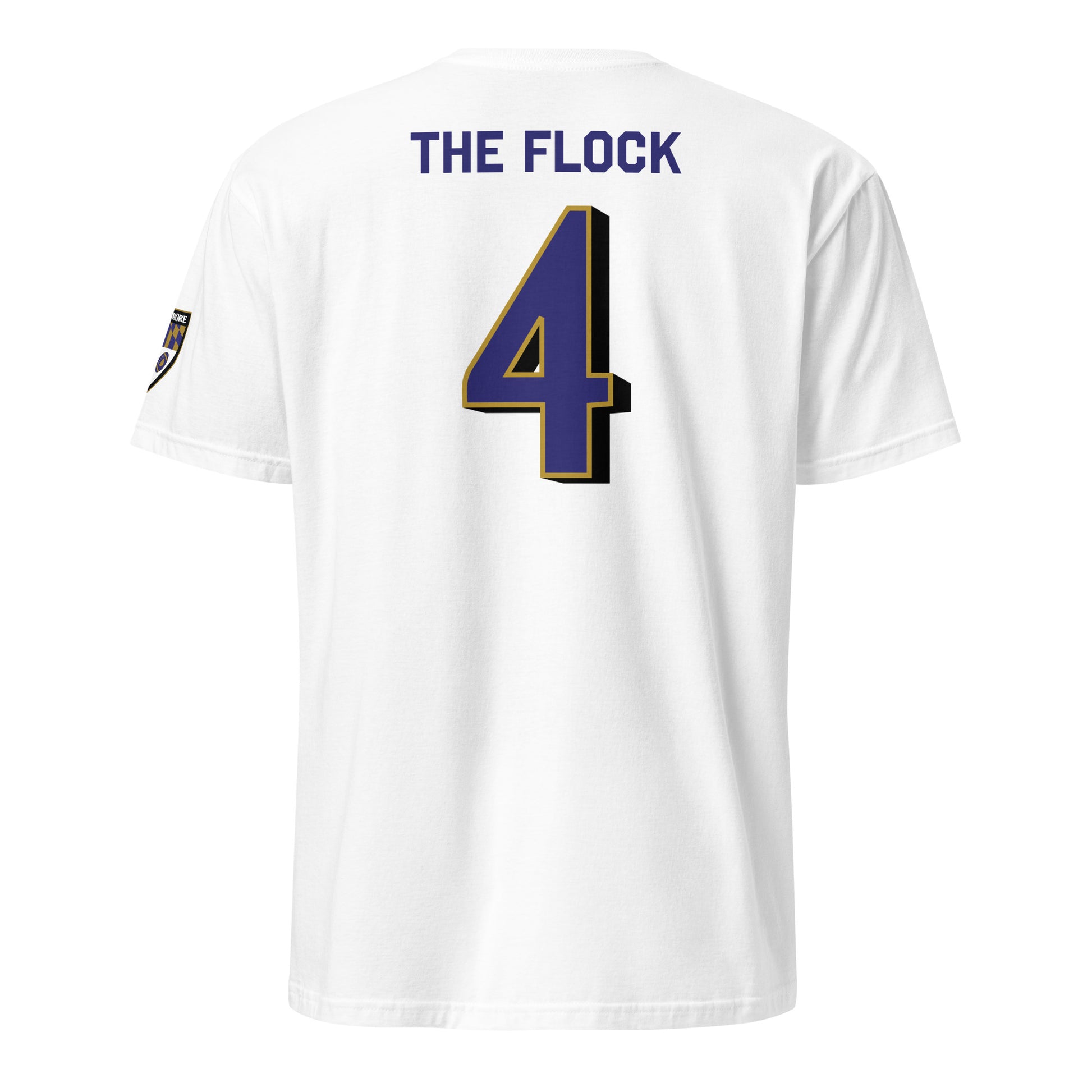 White unisex softstyle T-shirt featuring Ravens Fan Favorite design, from Baltimore With Love™, shown from the back.