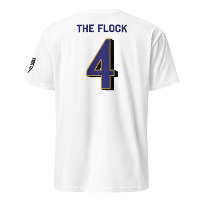 White unisex softstyle T-shirt featuring Ravens Fan Favorite design, from Baltimore With Love™, shown from the back.