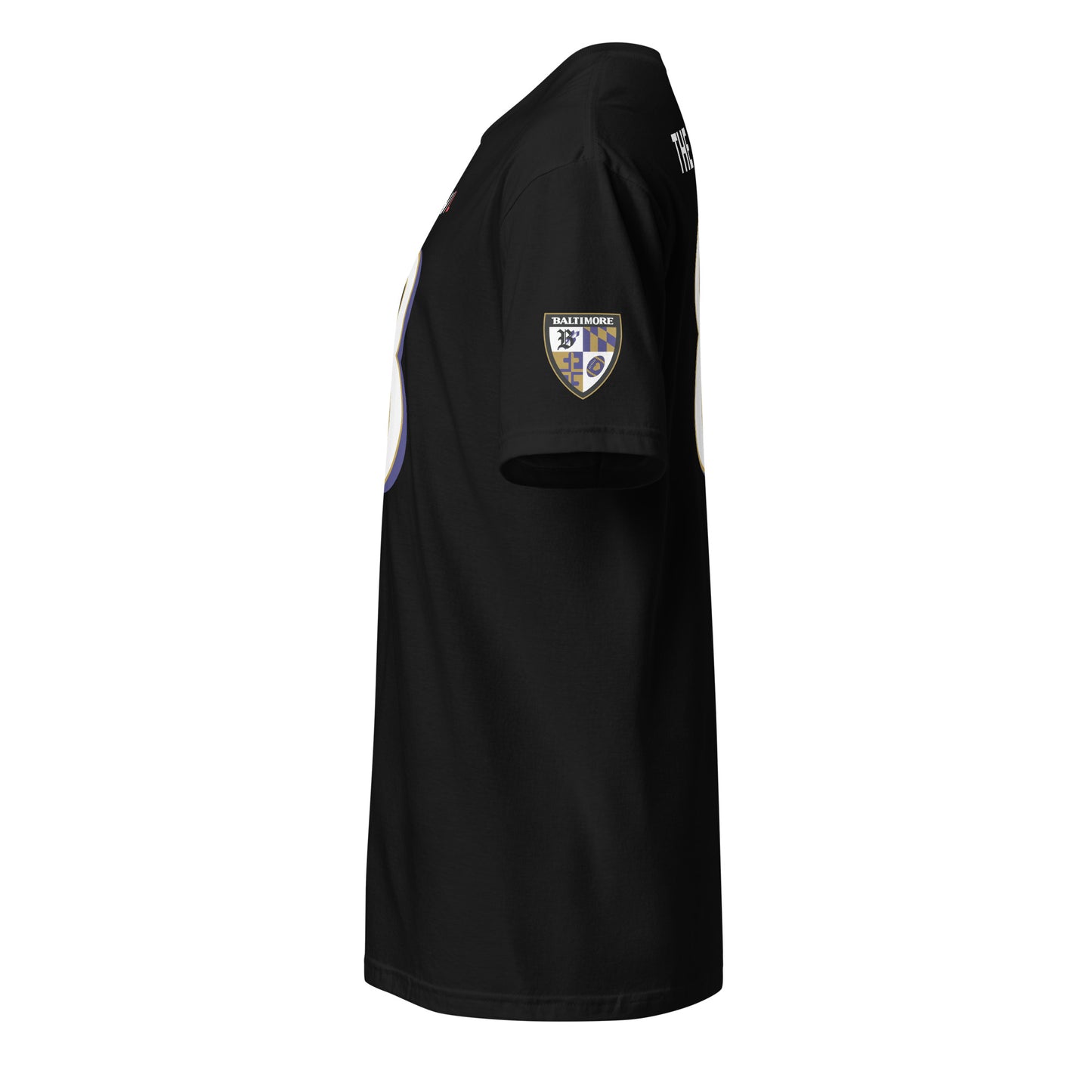 Black Ravens Fan Favorite unisex T-shirt by From Baltimore With Love™ displayed on a hanger.