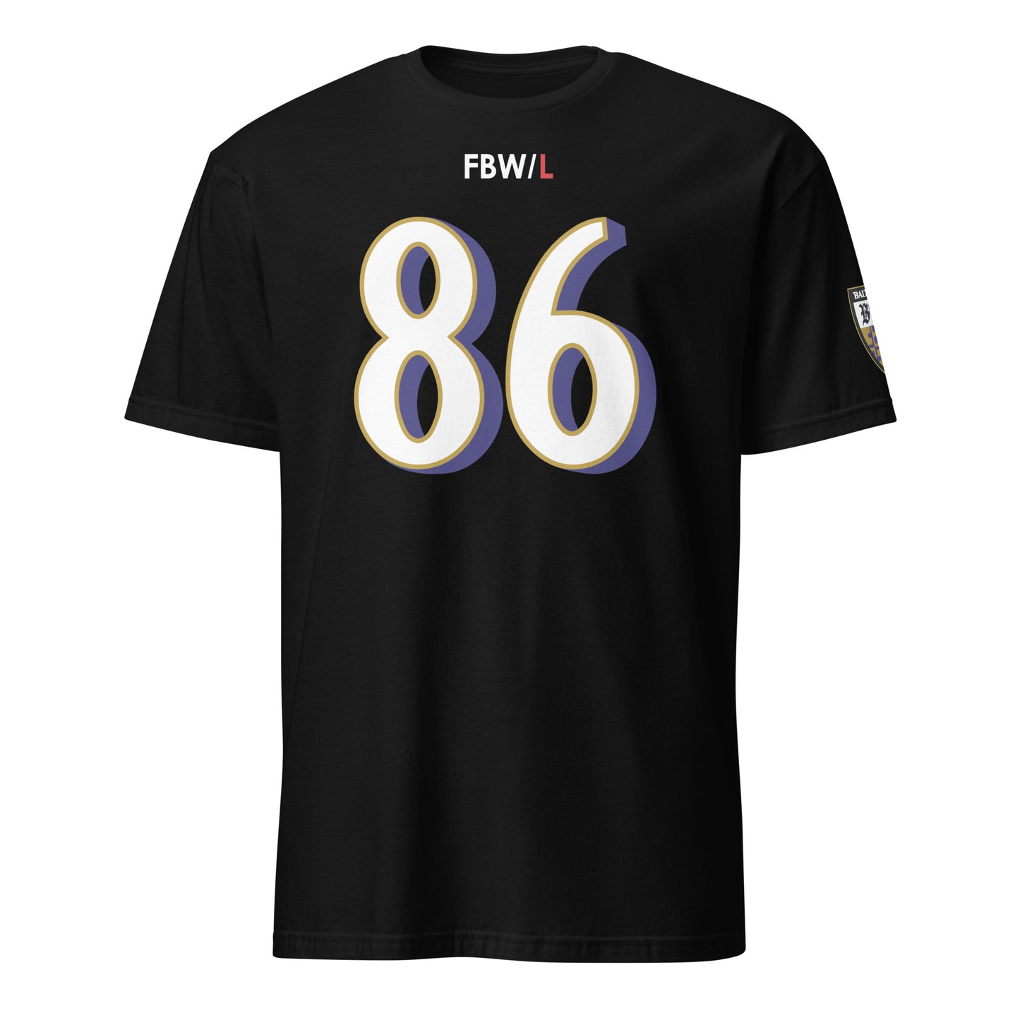 Black unisex soft-style T-shirt featuring Ravens Fan Favorite (86) design from From Baltimore With Love™.
