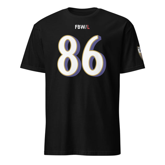 Black unisex soft-style T-shirt featuring Ravens Fan Favorite (86) design from From Baltimore With Love™.